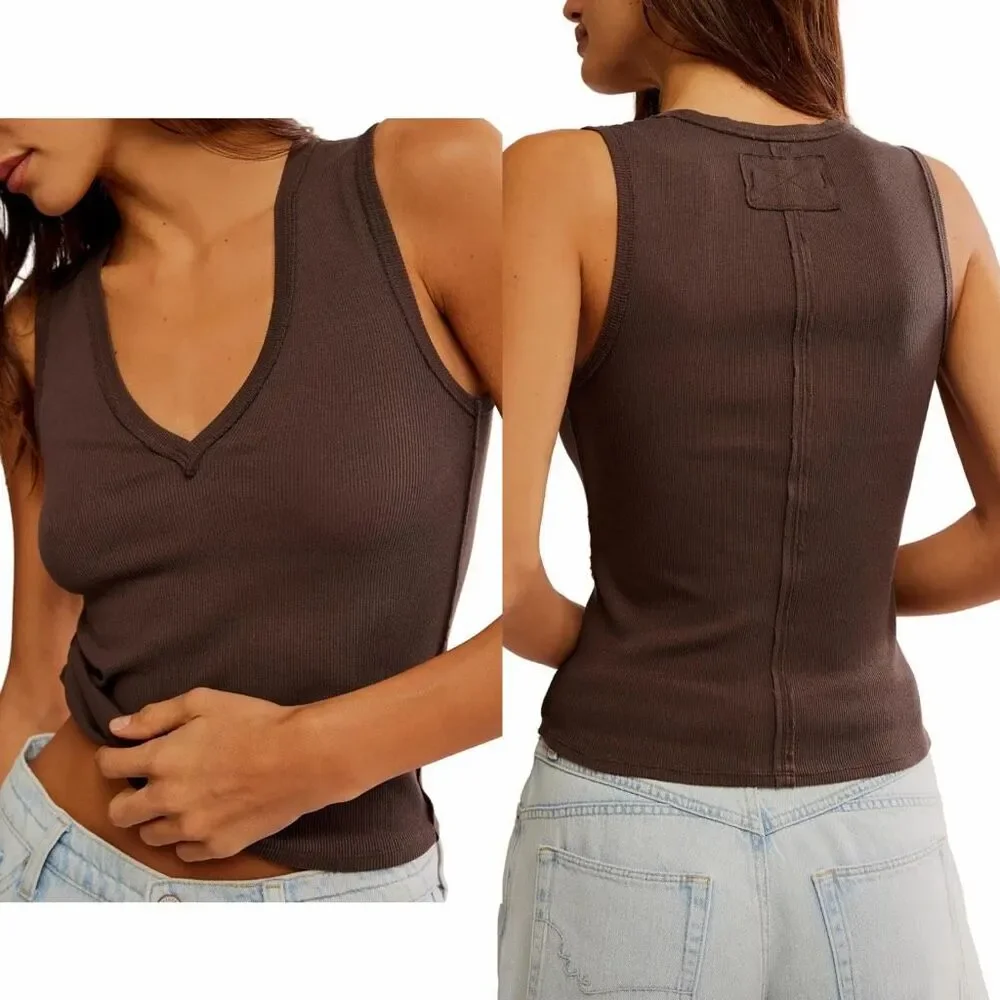 Free People X We The Free Neria V-Neck Tank Top brown Womens M NEW - Picture 1 of 9